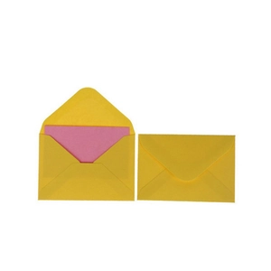 Detail view of yellow translucent vellum paper envelopes with pink inserts on white background