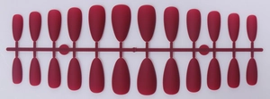 Set of 24 dark red matte almond-shaped press-on nails on a plastic holder rail