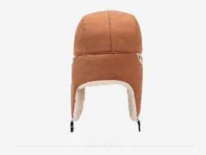 Rear view of brown winter trapper hat featuring warm faux sheepskin lining and buckles
