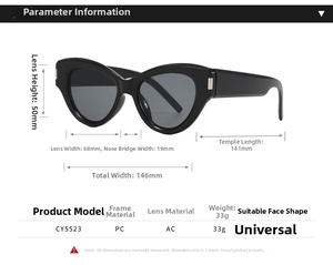 Detailed size chart for retro cat-eye sunglasses with precise frame and lens measurements