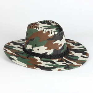 Close-up of camouflage western cowboy hat with braided rope and metal eyelets detail