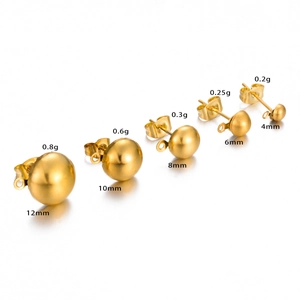 Size comparison of gold half-ball earring studs from 4mm to 12mm on white background