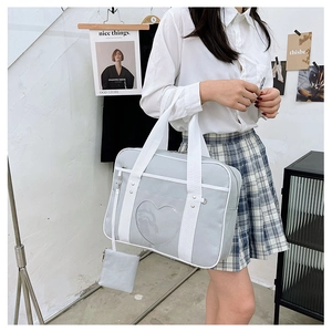 Detail of light grey JK uniform travel bag with heart shaped clear window display