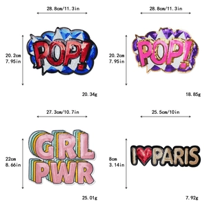 Dimensions détaillées pour grands écussons brodés à paillettes POP et GRL PWR