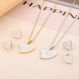 Heart Shaped Stainless Steel Necklace And Earrings For Women Full Rhinestone Heart Jewelry Elegant Fashion Gift