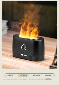 Close-up of black flame humidifier showing ultra-quiet 20-30dB operation noise level