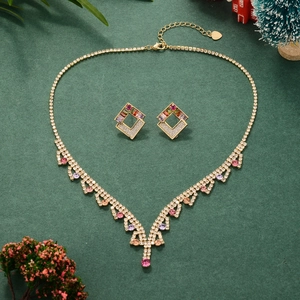 Colorful Cubic Zirconia Geometric Square Necklace And Earrings Jewelry Gold Plated Copper For Women Christmas Party Wedding