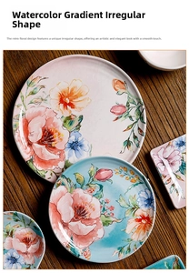 Detail of 9-inch ceramic steak plate with hand-painted floral ink wash design