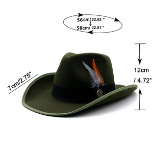 Dark green wide brim felt fedora with metal feather pin and size specifications