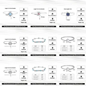 Size guide for S925 sterling silver bracelets with 8A zircon and adjustable extension chains