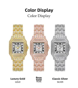Macro detail of square quartz watches with Roman numerals and shimmering crystal settings