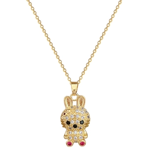 Titanium steel necklace with crystal rabbit pendant featuring black and red gemstones