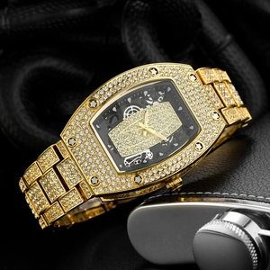 Luxury gold hip-hop tonneau watch with full diamond inlay and hollow movement on leather