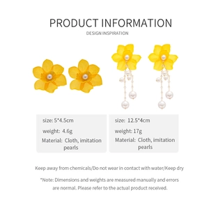 Detailed size specifications for handmade yellow woven flower and faux pearl earrings