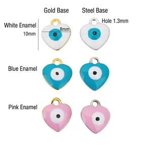 Evil eye heart charms in gold and steel finish, colorful enamel pendants 10x8mm