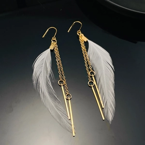 Elegant gold chain and white feather tassel hook earrings with long drop design