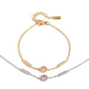18K gold plated stainless steel bracelets with pink round crystal and zirconia accents