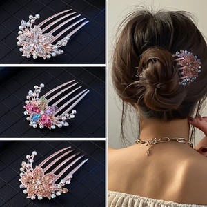Five-tooth metal hair comb with sparkling rhinestones in floral patterns for women