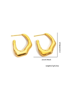 Detailed macro view of irregular molten texture gold earrings with size measurements