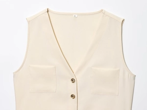 Détail d'un gilet sans manches en crêpe avec boutons dorés et poches en couleur crème doux