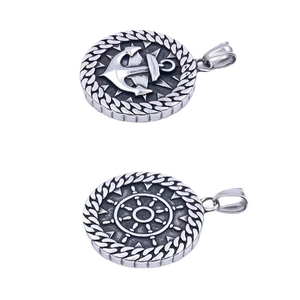 Viking star anchor and ship wheel pendant necklaces in polished stainless steel for men