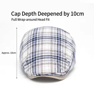 Classic plaid newsboy cap with 10cm depth shown in a top-down view on white background