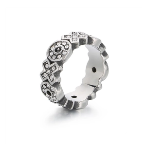 Vintage oxidized stainless steel wide ring featuring XO pattern with white zircon stones