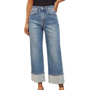 Women high waist straight leg denim jeans in light blue wash with wide folded cuffs