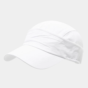 Detailed side view of white quick-dry baseball cap featuring unique pleated fabric texture