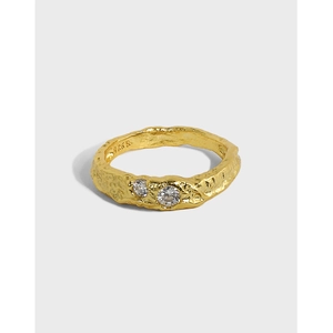 Irregular Hammered Texture Ring 925 Sterling Silver With Zircon Inlay Niche Design Minimalist Vintage Jewelry For Women