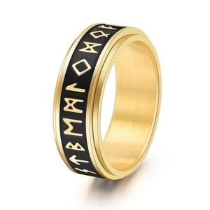 Luminous Viking runes rotating ring in gold and black titanium steel for men