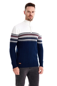 Detail of the cable knit texture and Nordic geometric pattern on men's half-zip sweater