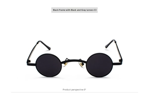 Front view of small round steampunk sunglasses with black frames and grey lenses C3