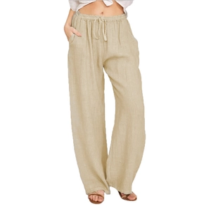 Women's casual wide-leg trousers in beige cotton-linen fabric with drawstring waist
