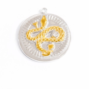 Macro shot of 18K gold and silver snake relief pendant with zircon on a white background