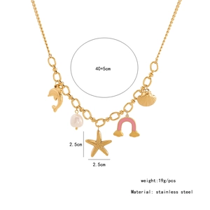 Detailed view of stainless steel ocean necklace with starfish, pearl and dolphin charms