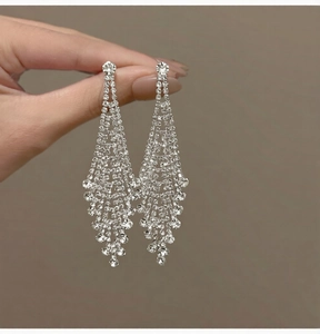 Detailed view of silver-toned tassels earrings with sparkling rhinestones in hand