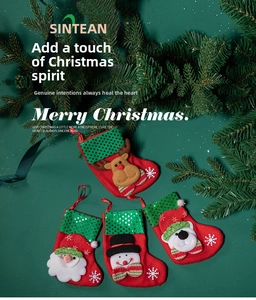 Detail of 4-pack Christmas stockings featuring Santa, Snowman, Reindeer, and Bear dolls