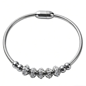 Silver titanium steel snake chain bracelet with sparkling zircon beads and magnetic clasp