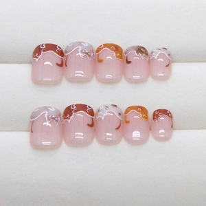 Cute cartoon cat patterns on press-on nails with glossy pink translucent base