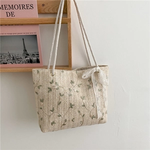 Women Straw Woven Tote Bag Floral Embroidery Lace Bow Cotton Rope Strap Summer Beach Shoulder Bag Large Capacity