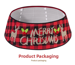 Close-up of red and black buffalo plaid Christmas tree collar with reindeer motif