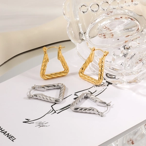 Twisted rope texture geometric triangle earrings in gold and silver stainless steel set