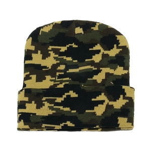 Winter knit camouflage beanie with woodland digital pattern and warm ribbed cuff design