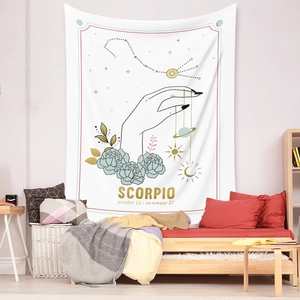 Detail of Scorpio zodiac tapestry with gold celestial symbols and floral line art on wall