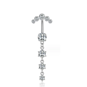 Detail of silver belly ring featuring sparkling zircons in a vertical dangle design