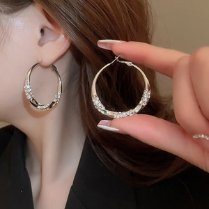 Detailed view of silver twist hoop earrings with sparkling rhinestones for women