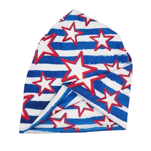 Knit beanie with red and blue star patterns and horizontal stripes in USA flag style