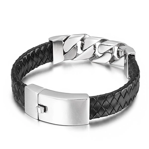 Men's silver stainless steel Cuban chain braided black leather bracelet with magnetic clasp