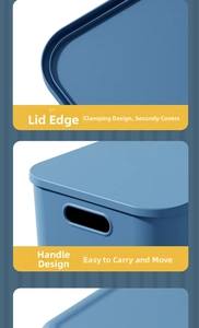 Detail view of the durable blue storage box featuring secure snap-lock lid and side handles